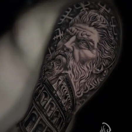 Poseidon with Roman Colosseum arm tattoo in black and grey realism, done at Blesink Tattoo Porto